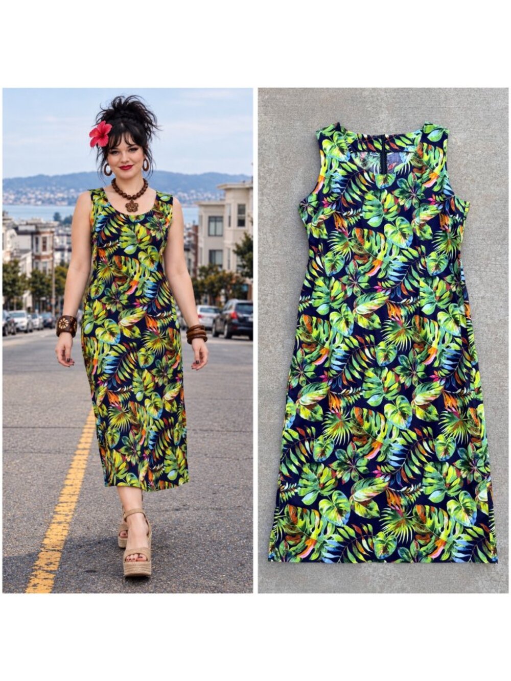 Vintage 90s Tropical Monstera Hawaiian Maxi Dress
